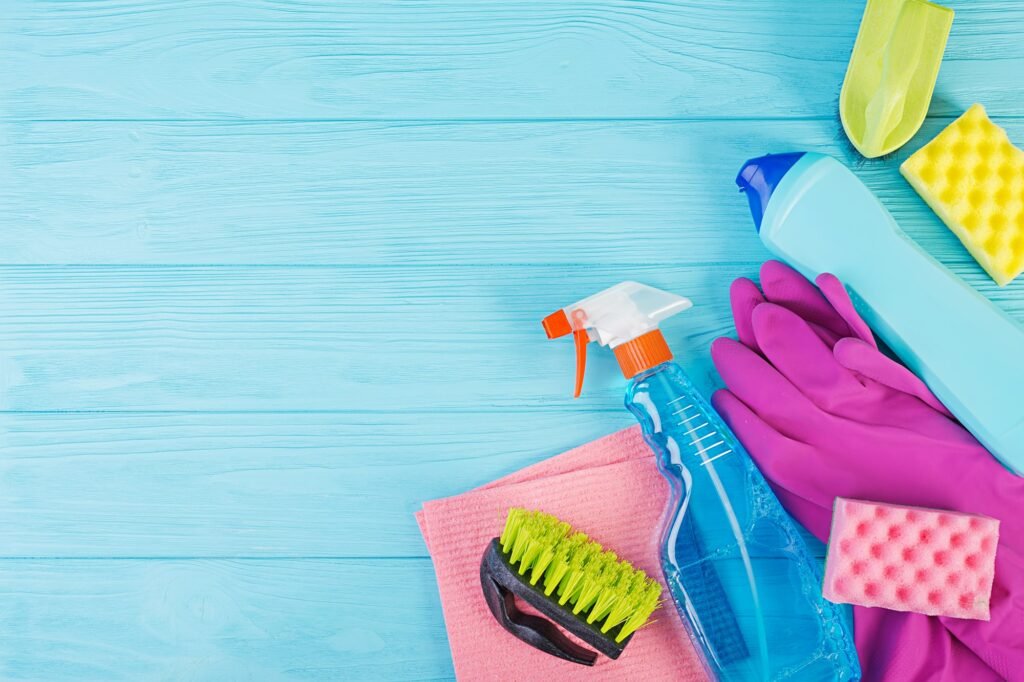 Cleaning service concept. Colorful cleaning set for different surfaces